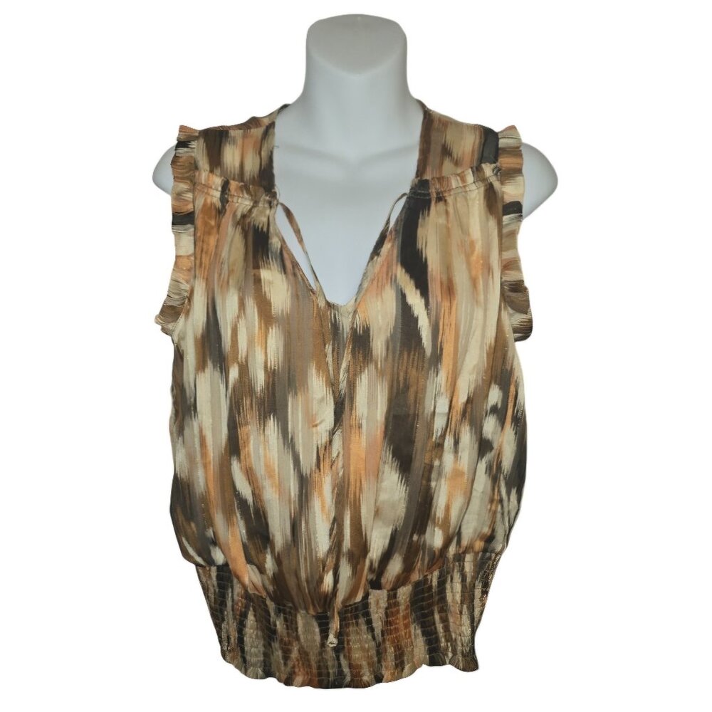 Brown, Cream, & Gold Swirl Marble Blouse - Size Small - Short Sleeves